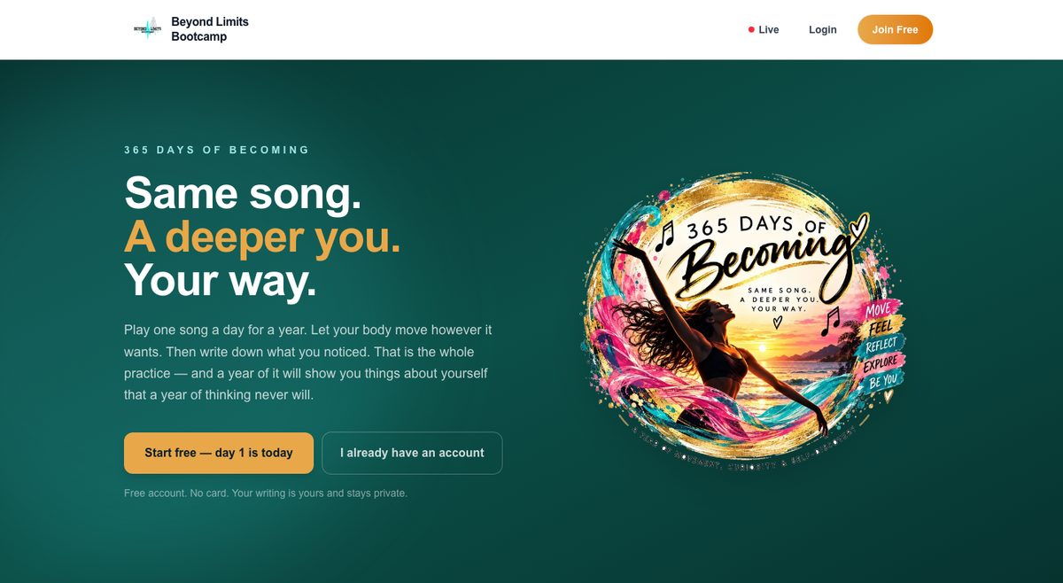 Screenshot: The 365 Days of Becoming page on Beyond Limits Bootcamp