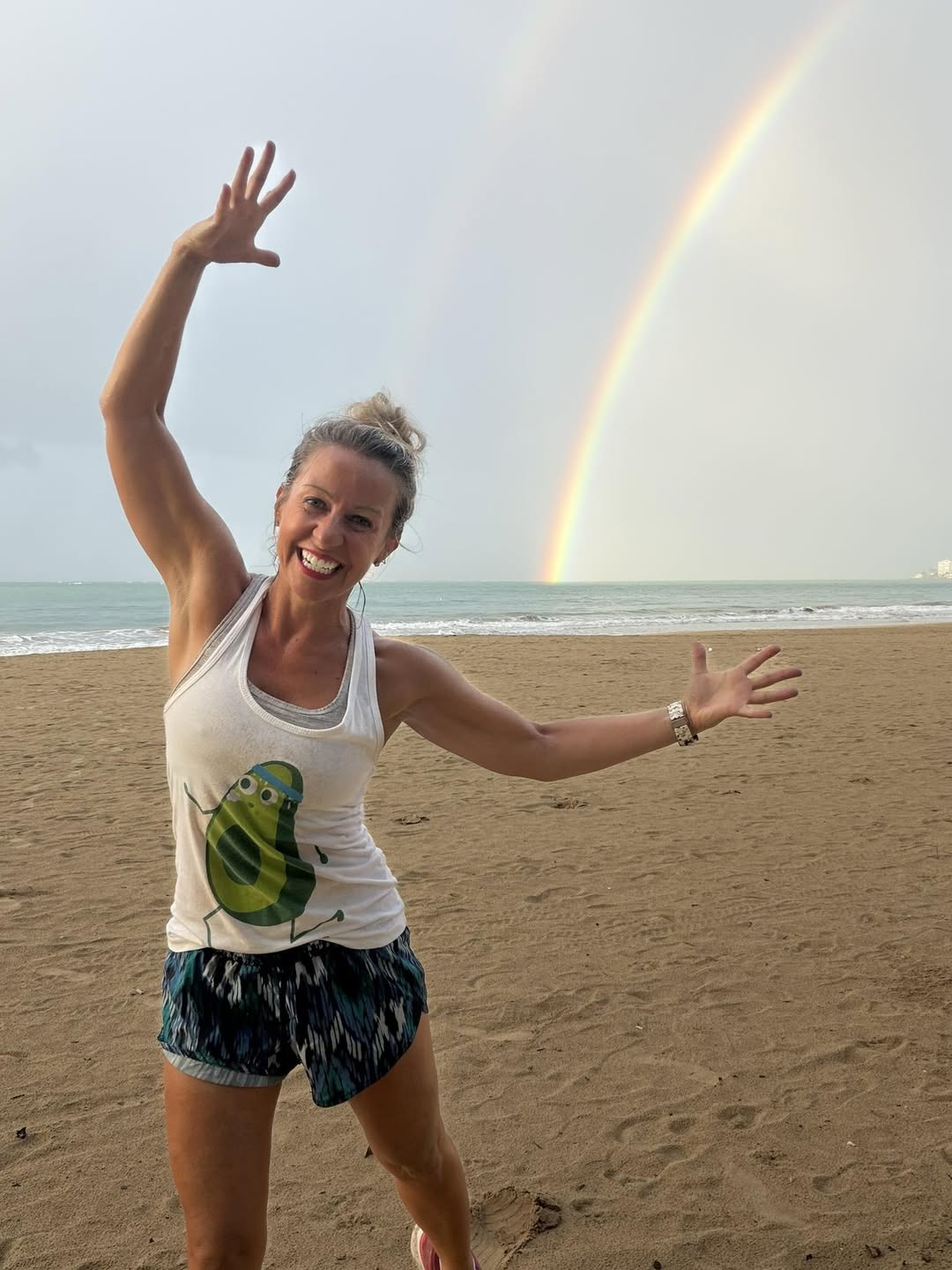 Krystalore on the beach with double rainbow