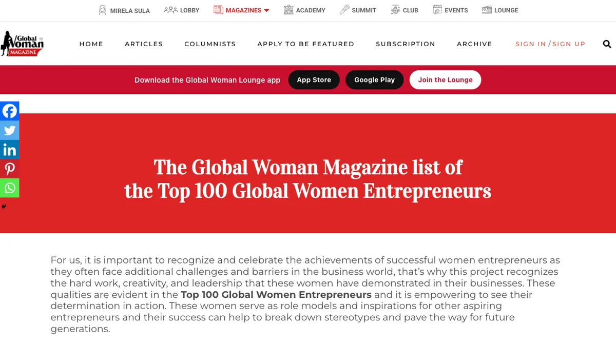 Screenshot of the published piece: Top Women Entrepreneurs to be Inspired in 2023 — Global Woman Magazine