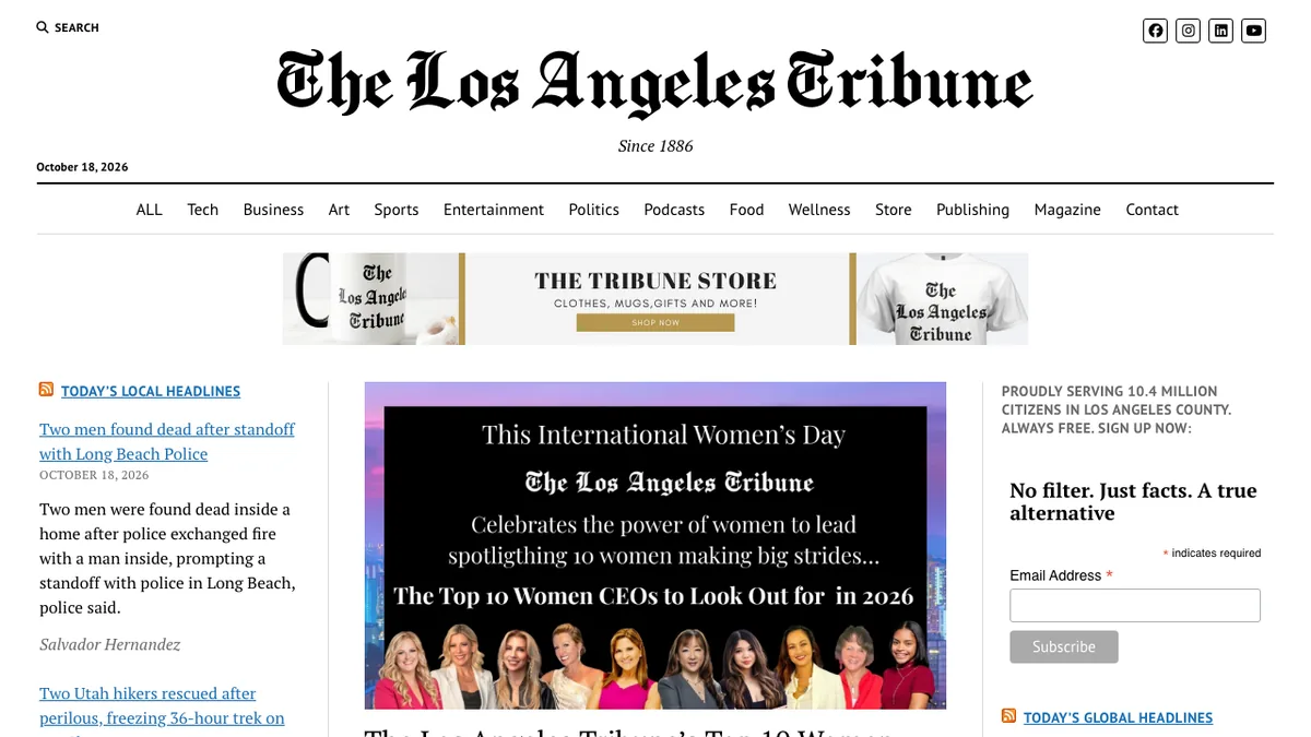 Screenshot of the published piece: Top 10 Female CEOs to Watch in 2026 — Los Angeles Tribune