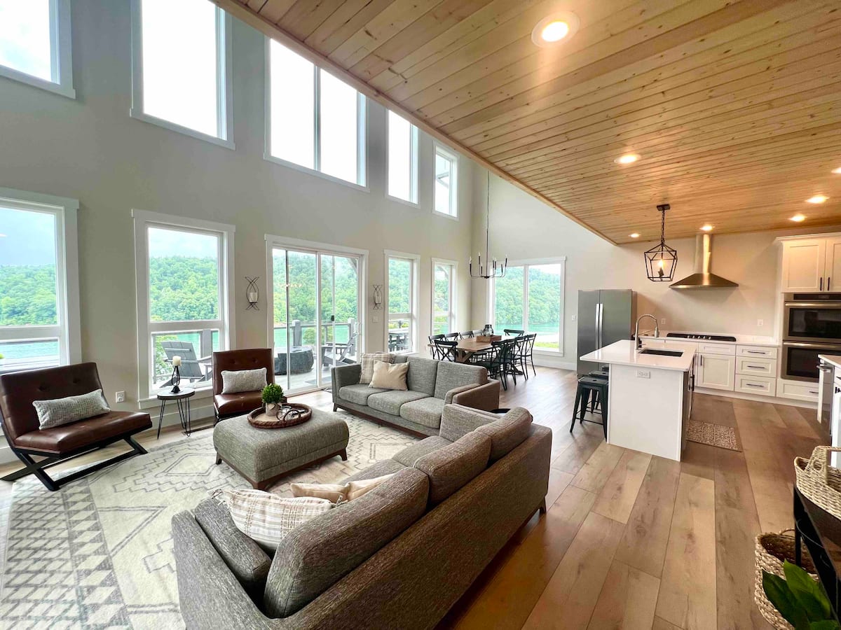 Modern kitchen and living room designed for group retreat connection