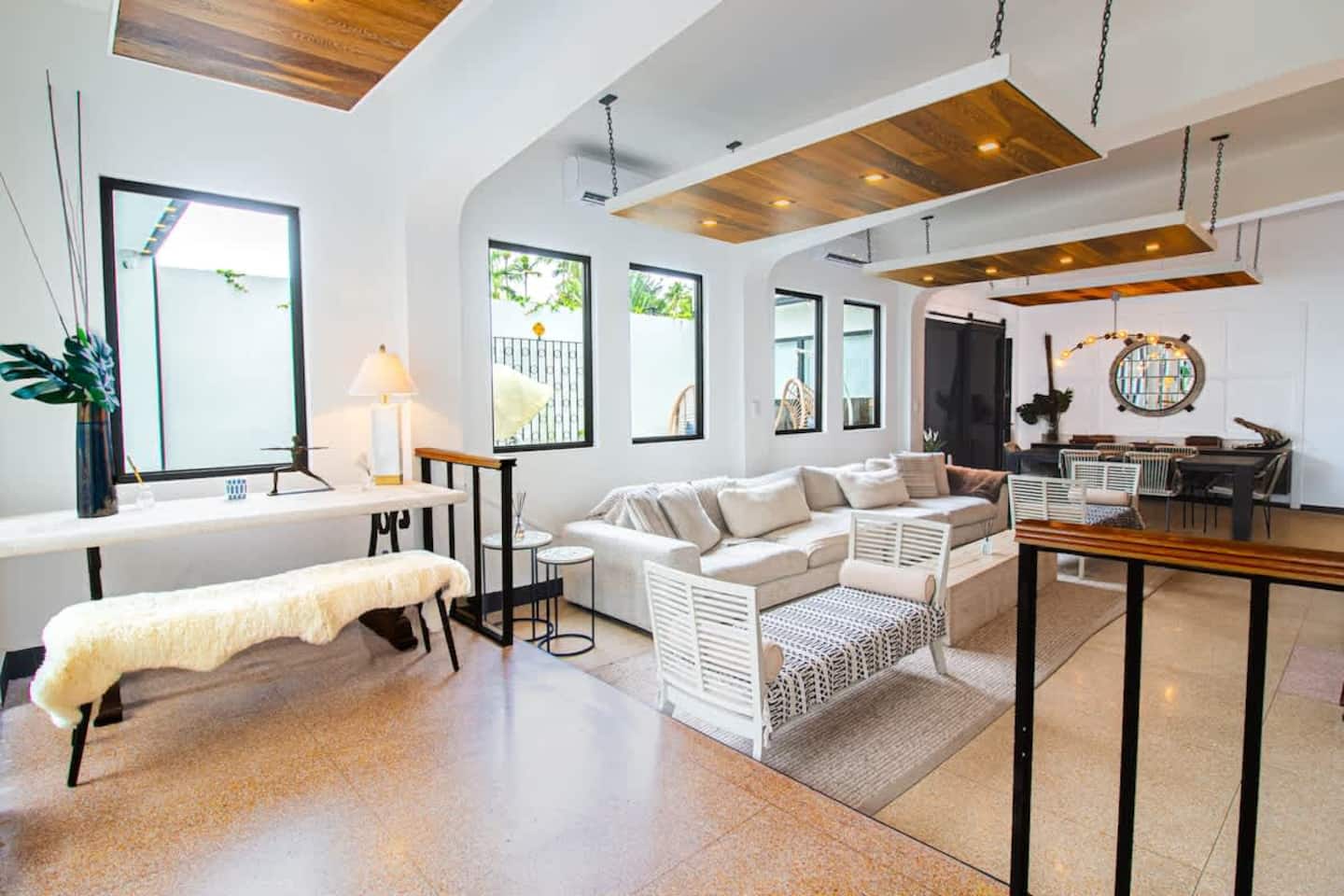 Open-plan living room with designer interiors and natural light at Villa Azure